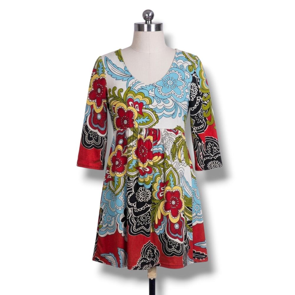 R&B Collection Women's Retro Psychedelic Floral Paisley 3/4 Sleeve Mini Dress